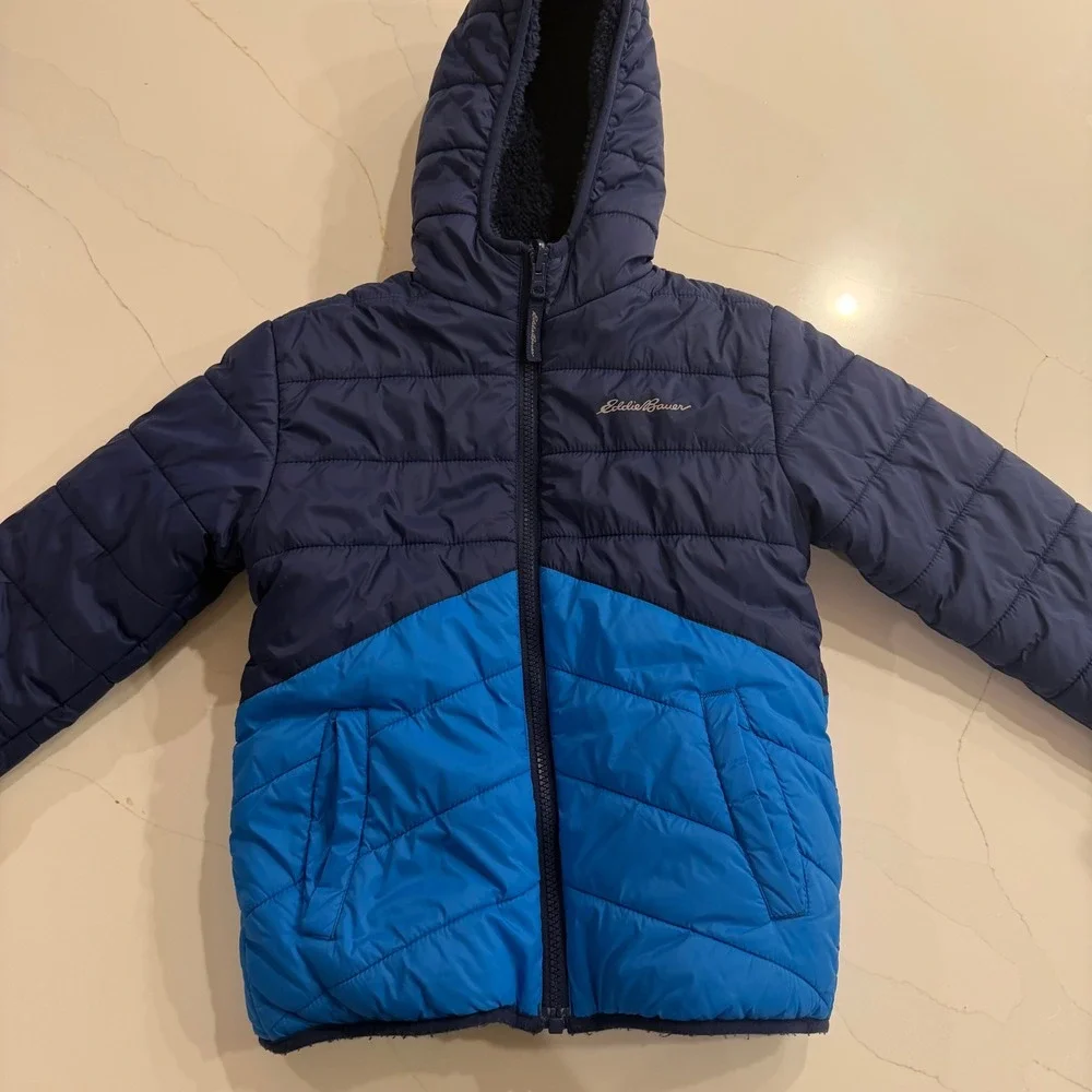 Eddie Bauer Kids XS 5/6 Blue Puffer Jacket Sherpa‎ Lined Hooded Quilted Coat